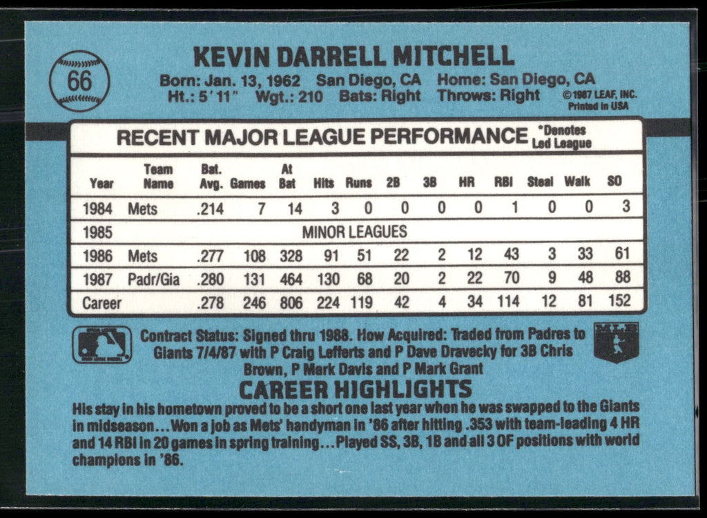 1988 Donruss #66c Kevin Mitchell