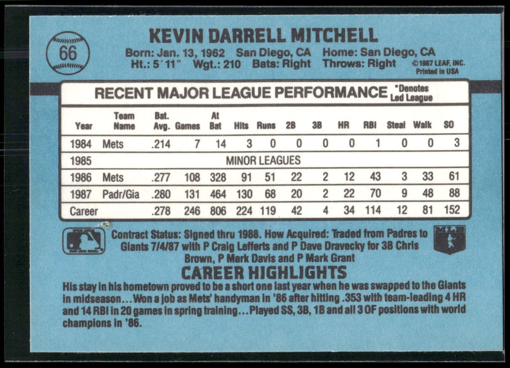 1988 Donruss #66c Kevin Mitchell