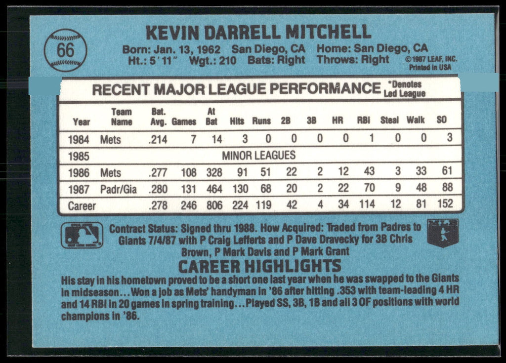 1988 Donruss #66c Kevin Mitchell