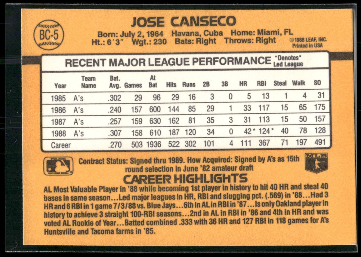 1989 Donruss #BC-5b Jose Canseco Bonus MVP's