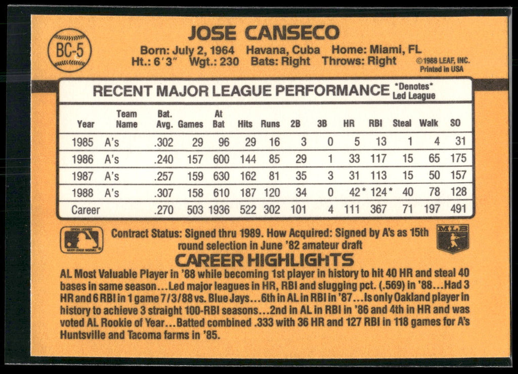 1989 Donruss #BC-5b Jose Canseco Bonus MVP's