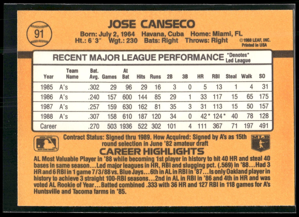 1989 Donruss #91 Jose Canseco