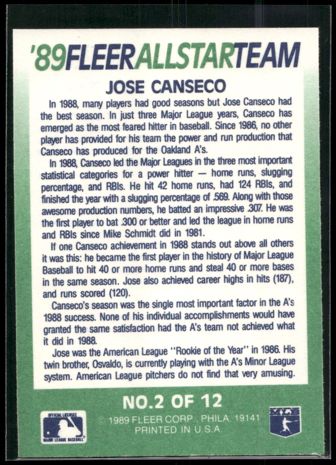 1989 Fleer #2 Jose Canseco '89 Fleer All-Star Team
