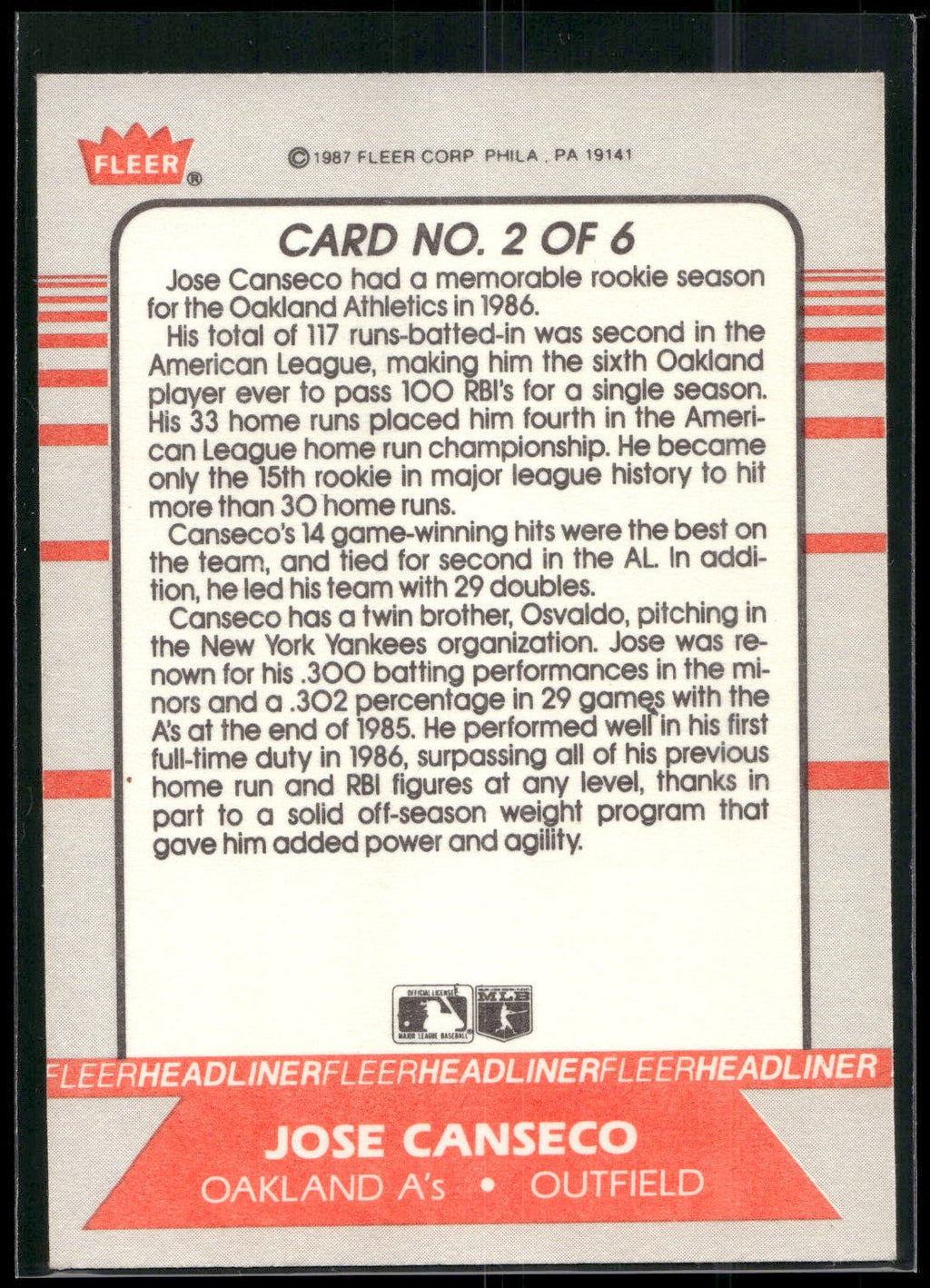 1987 Fleer #2 Jose Canseco Headliners