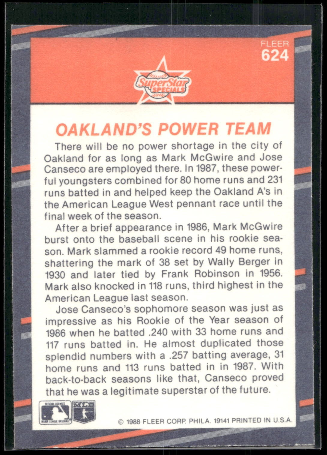 1988 Fleer #624 Oakland's Power Team (Mark McGwire / Jose Canseco)