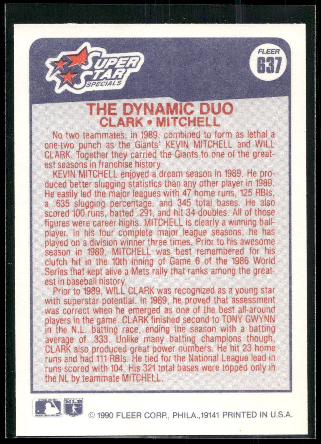 1990 Fleer #637b Will Clark / Kevin Mitchell