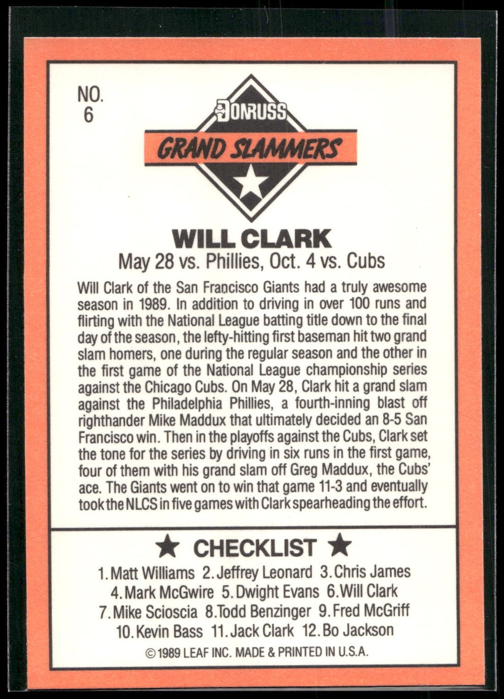 1990 Donruss #6 Will Clark Grand Slammers