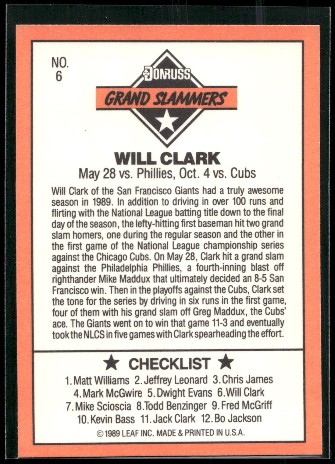 1990 Donruss #6 Will Clark Grand Slammers
