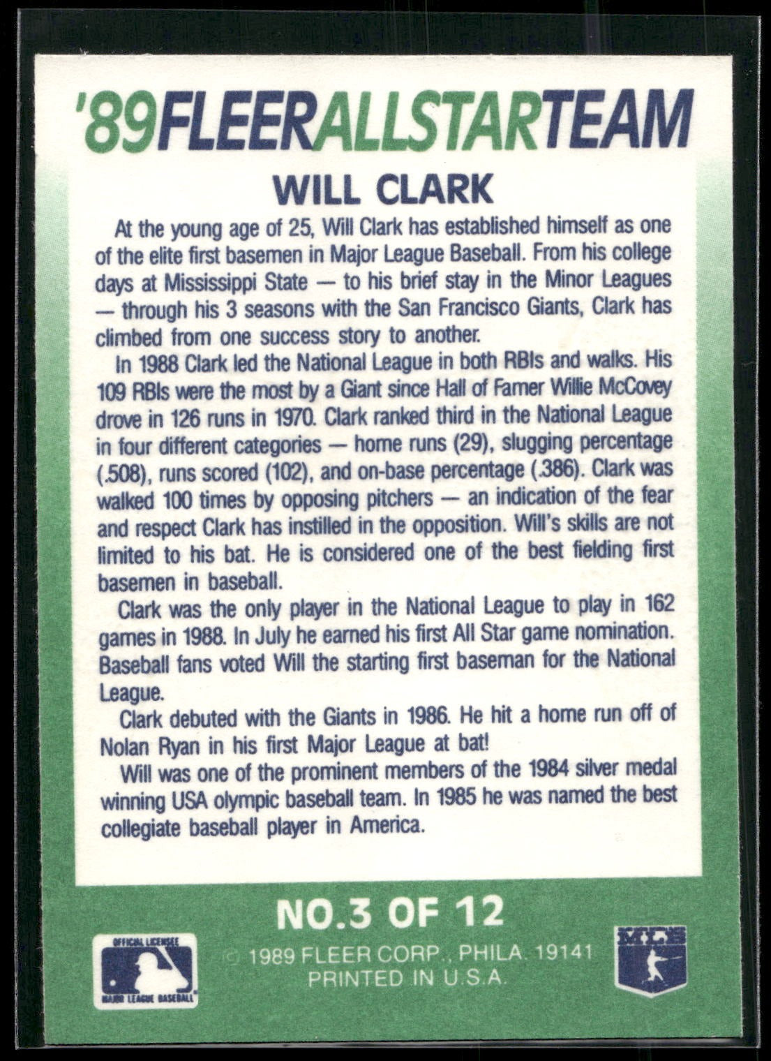 1989 Fleer #3 Will Clark '89 Fleer All-Star Team