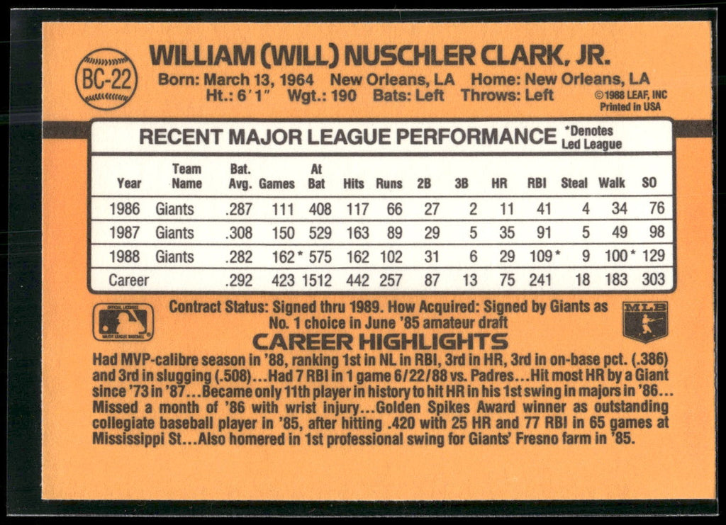 1989 Donruss #BC-22b Will Clark Bonus MVP's