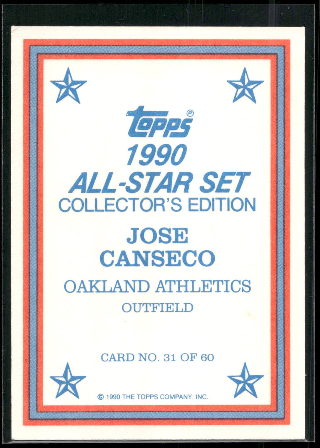 1990 Topps #31 Jose Canseco 1990 All-Star Set Collector's Edition