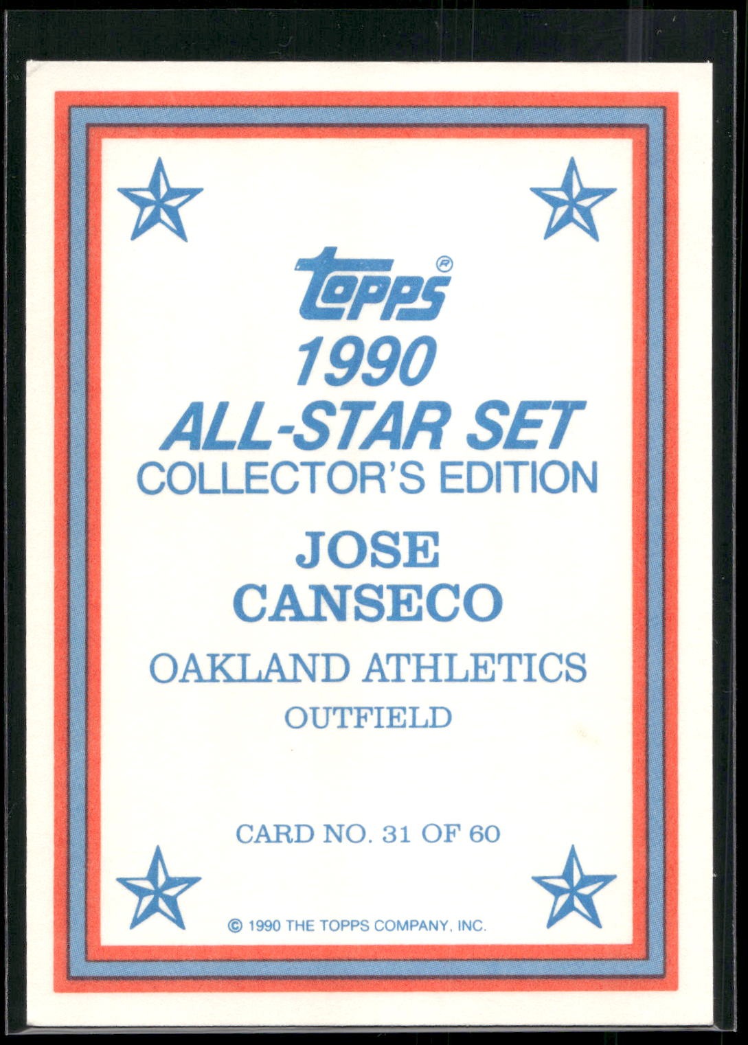 1990 Topps #31 Jose Canseco 1990 All-Star Set Collector's Edition
