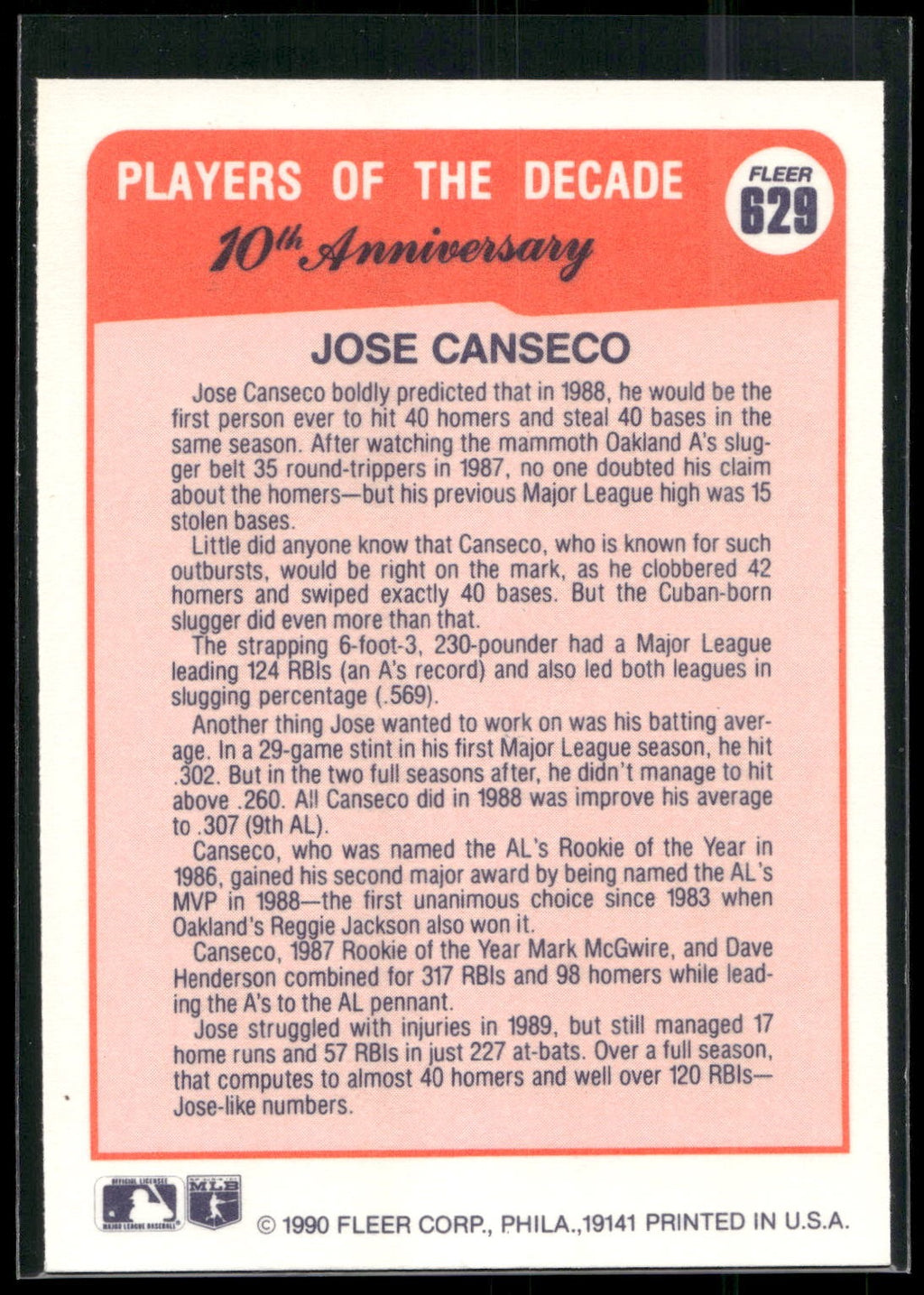 1990 Fleer #629 Jose Canseco