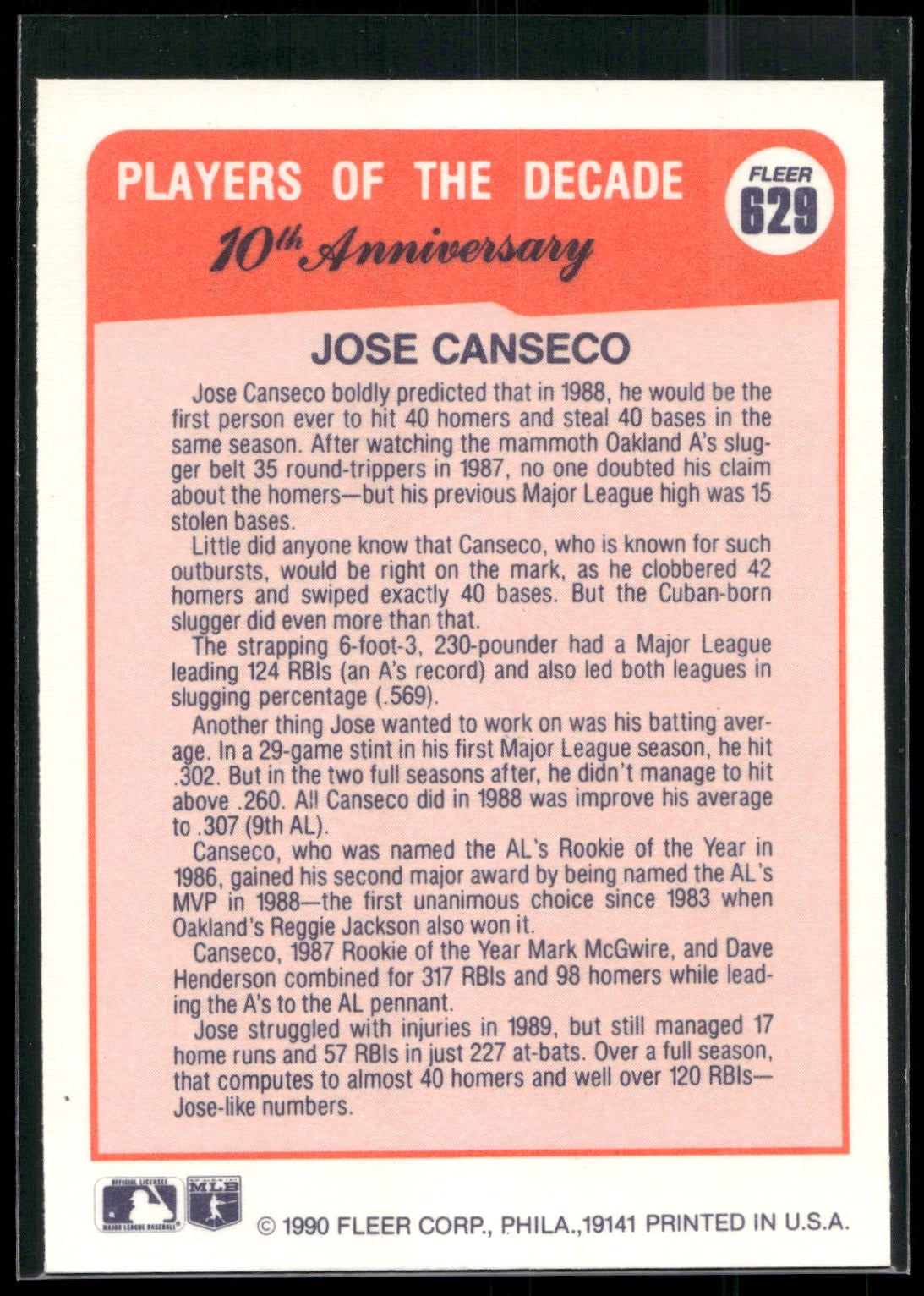 1990 Fleer #629 Jose Canseco