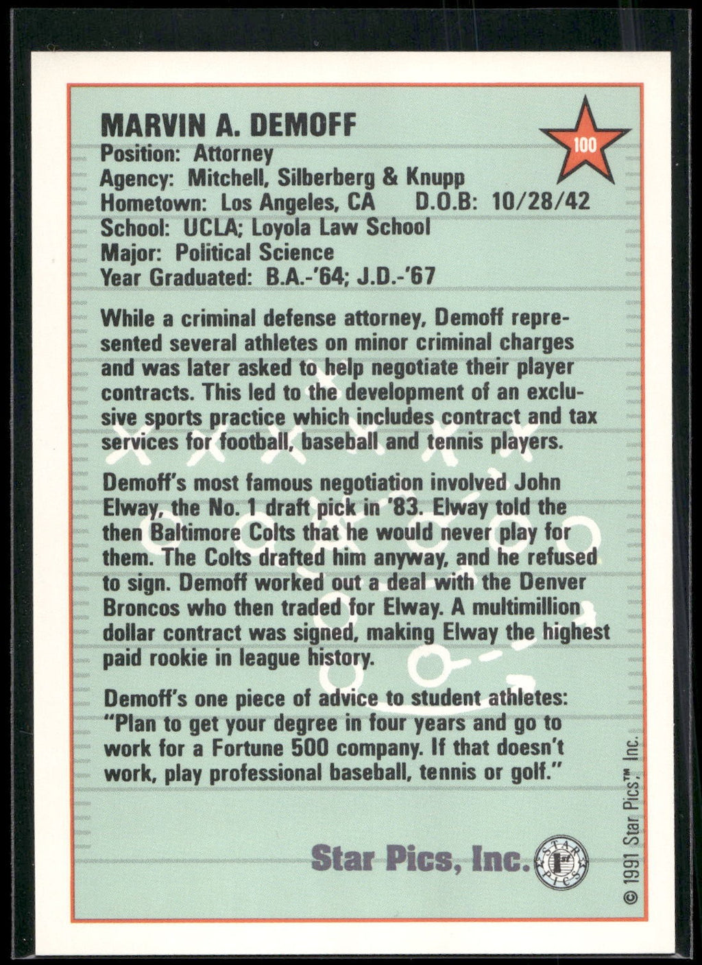 1991 Star Pics #100 Marvin Demoff
