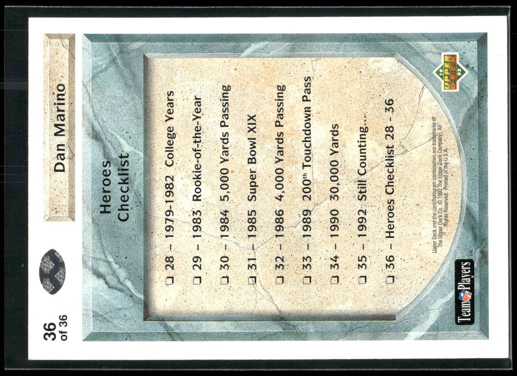 1992 Upper Deck #36 Dan Marino Football Heroes: Dan Marino