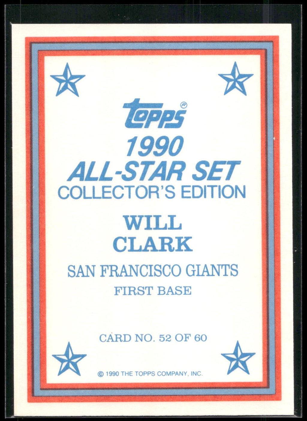 1990 Topps #52 Will Clark 1990 All-Star Set Collector's Edition