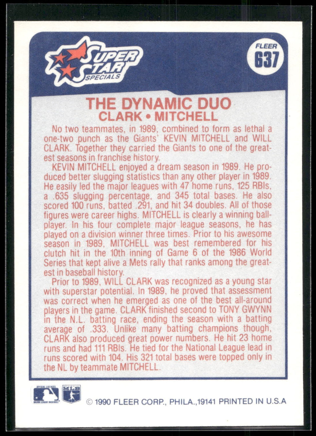 1990 Fleer #637b Will Clark / Kevin Mitchell