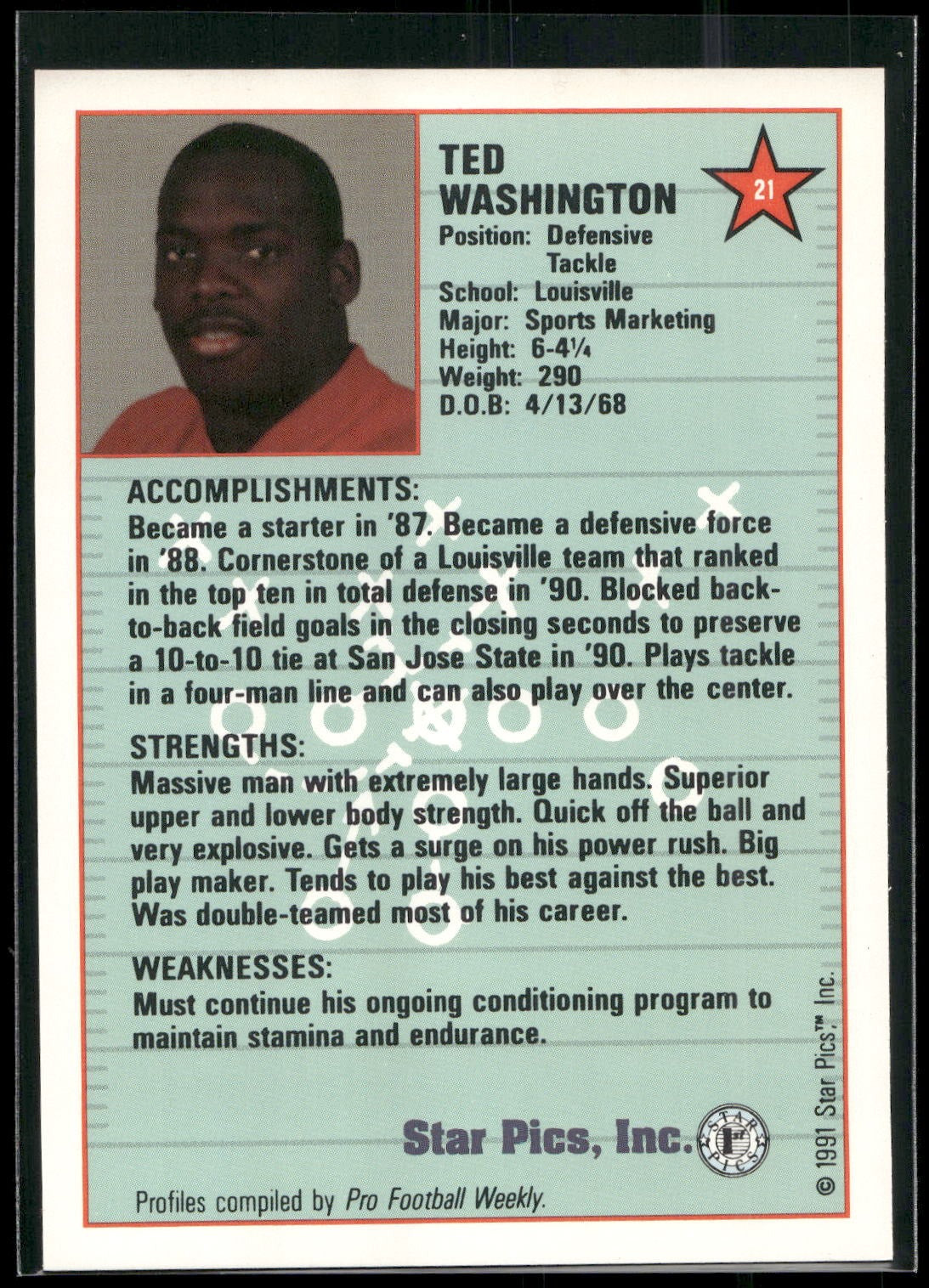 1991 Star Pics #21 Ted Washington