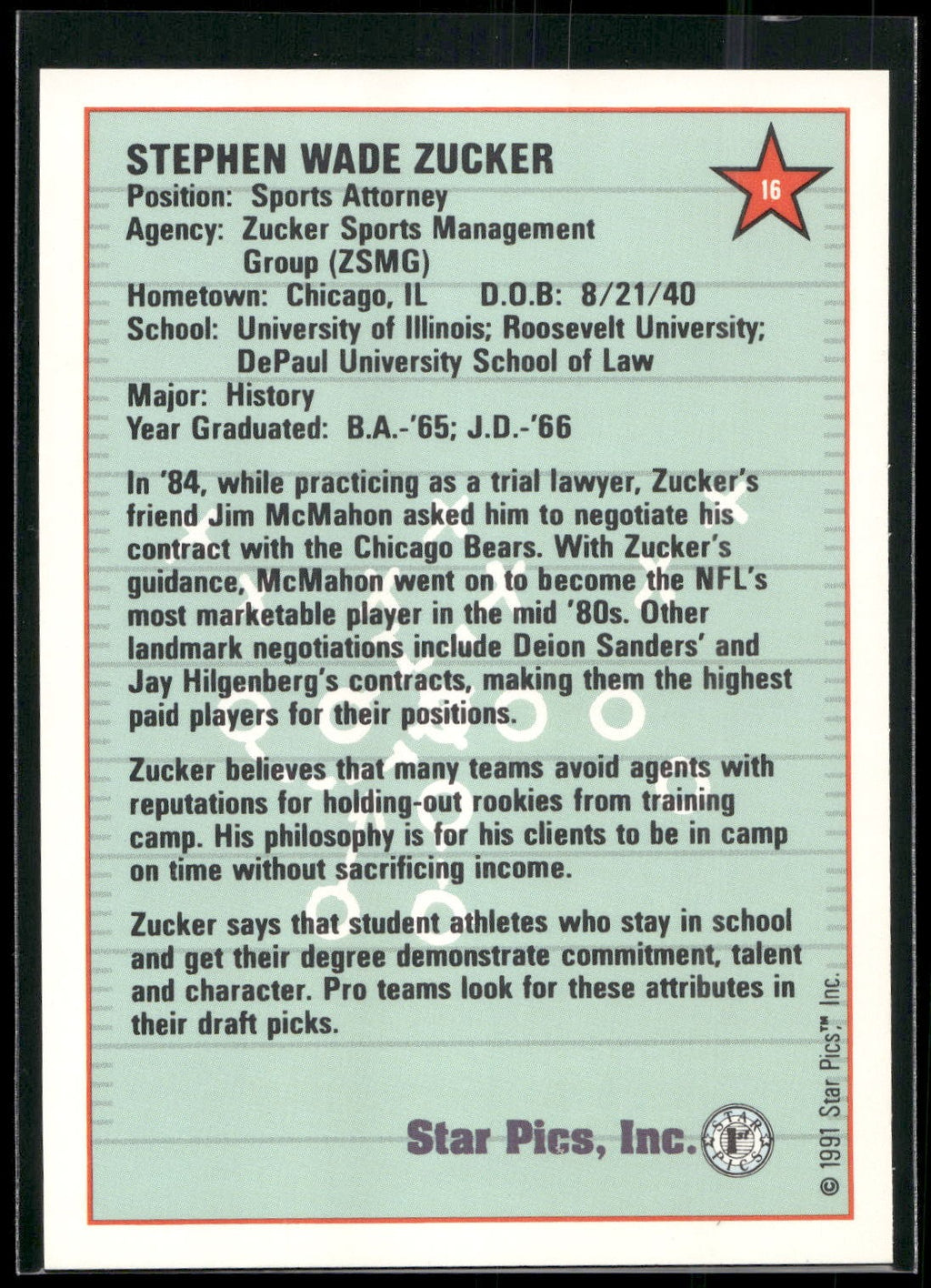 1991 Star Pics #16 Steve Zucker