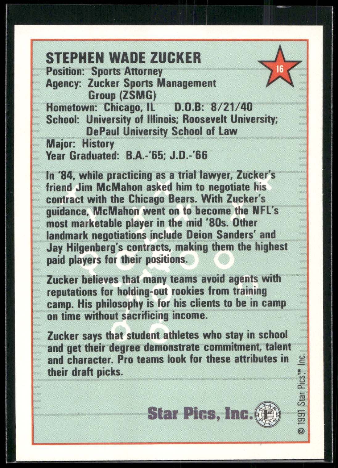 1991 Star Pics #16 Steve Zucker