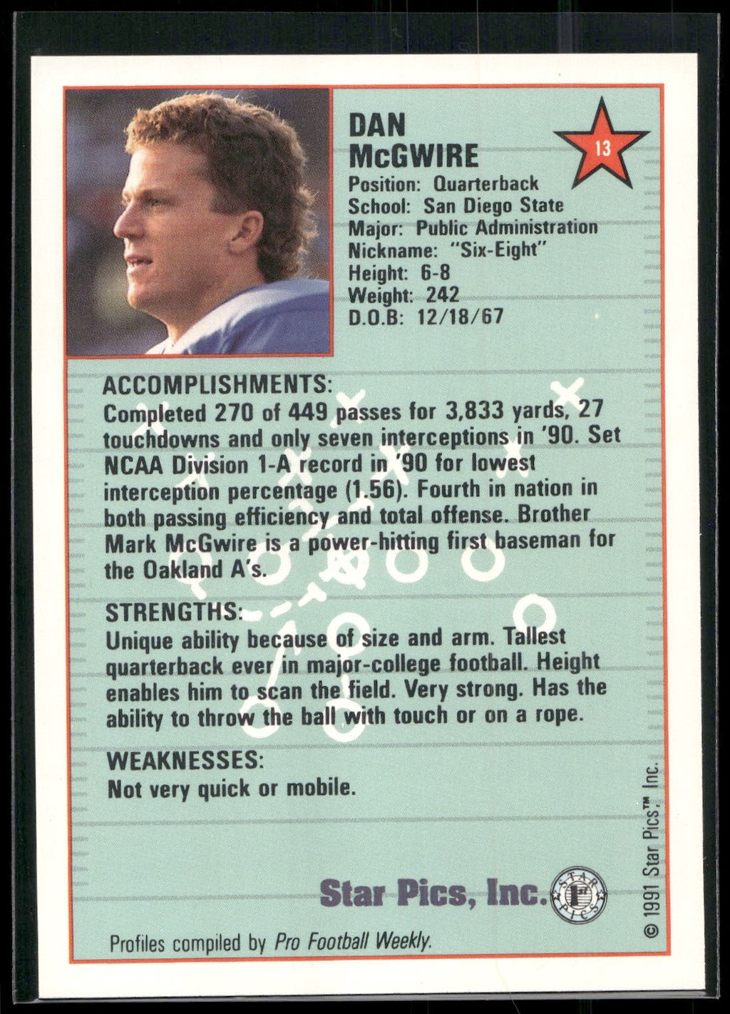 1991 Star Pics #13 Dan McGwire