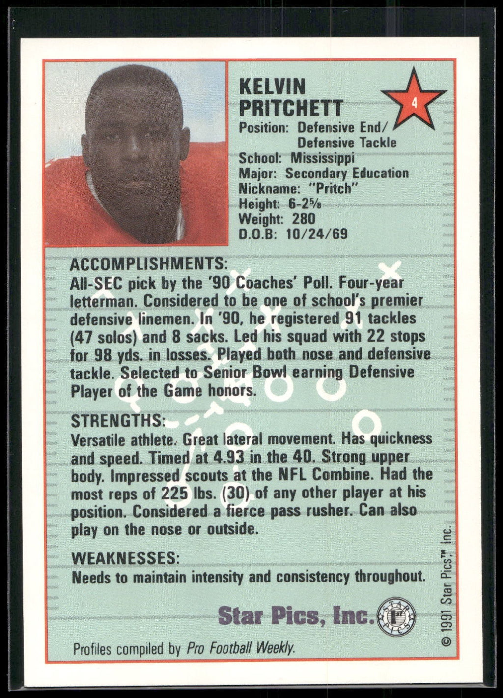 1991 Star Pics #4 Kelvin Pritchett