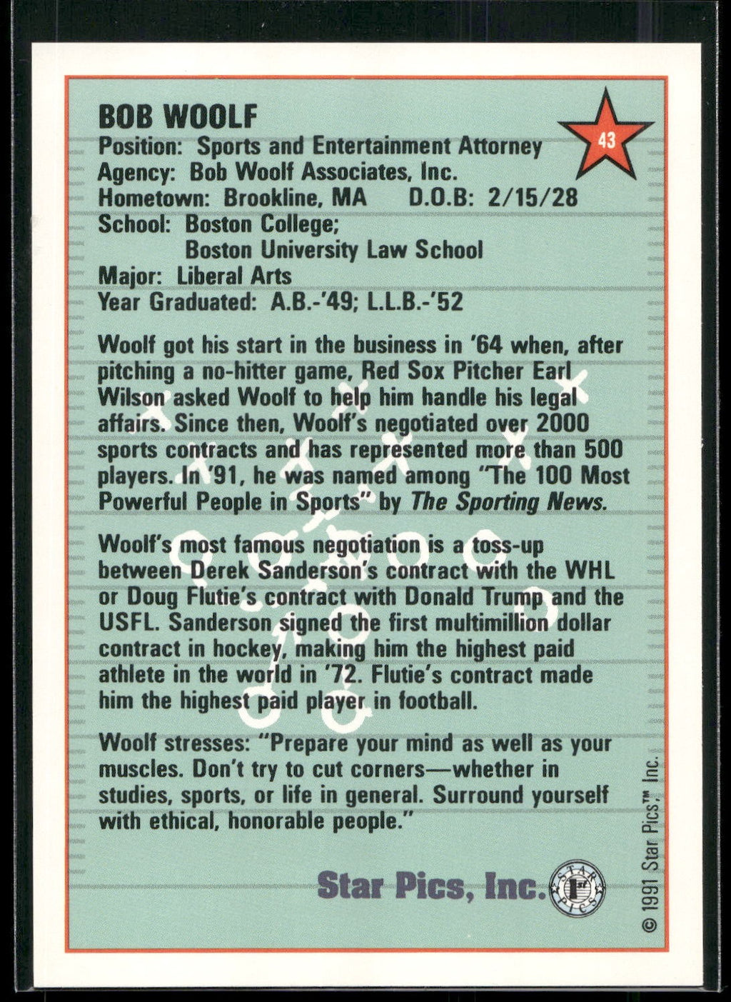1991 Star Pics #43 Bob Woolf