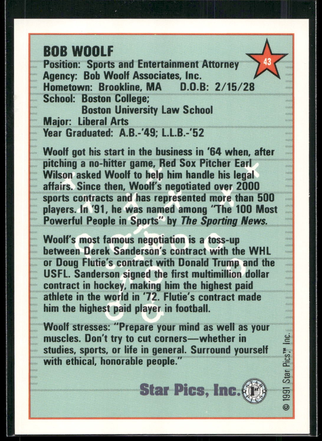 1991 Star Pics #43 Bob Woolf