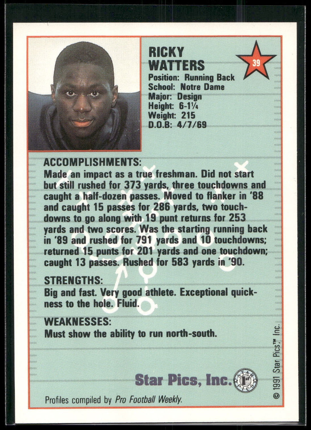 1991 Star Pics #39 Ricky Watters