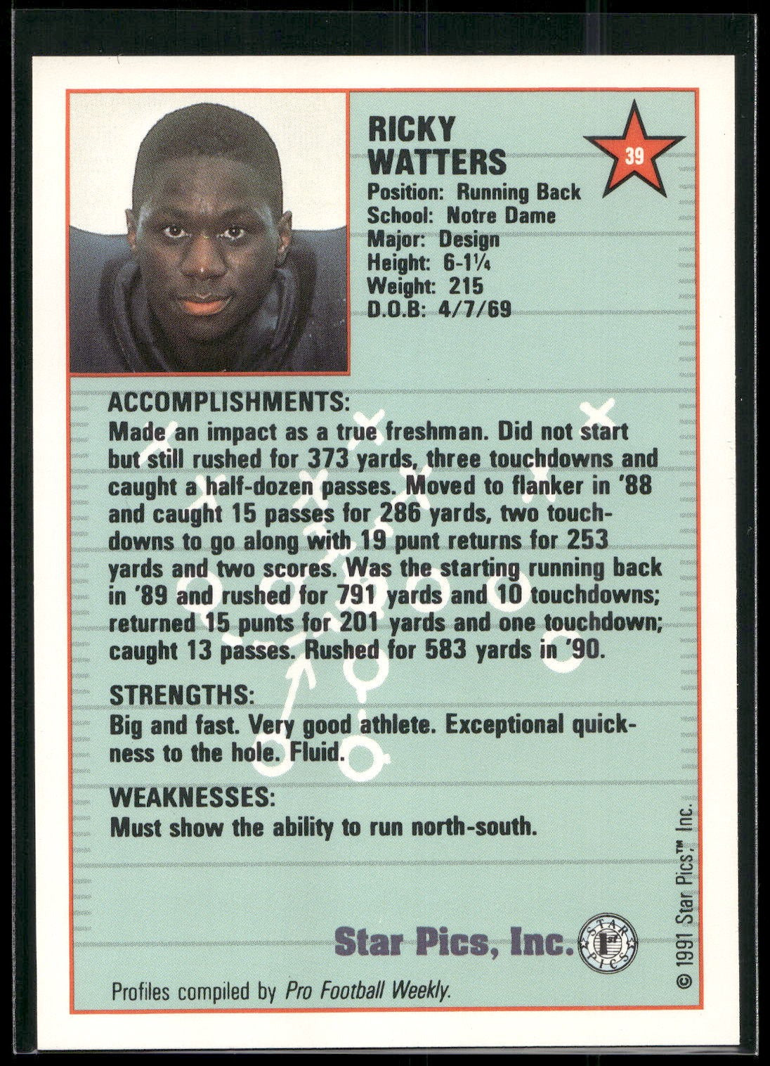 1991 Star Pics #39 Ricky Watters