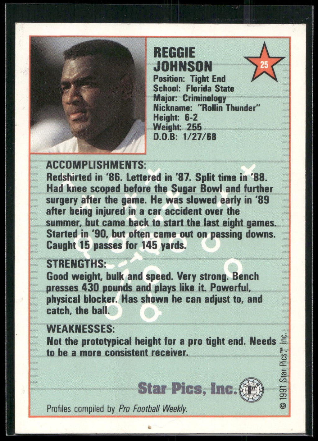 1991 Star Pics #25 Reggie Johnson