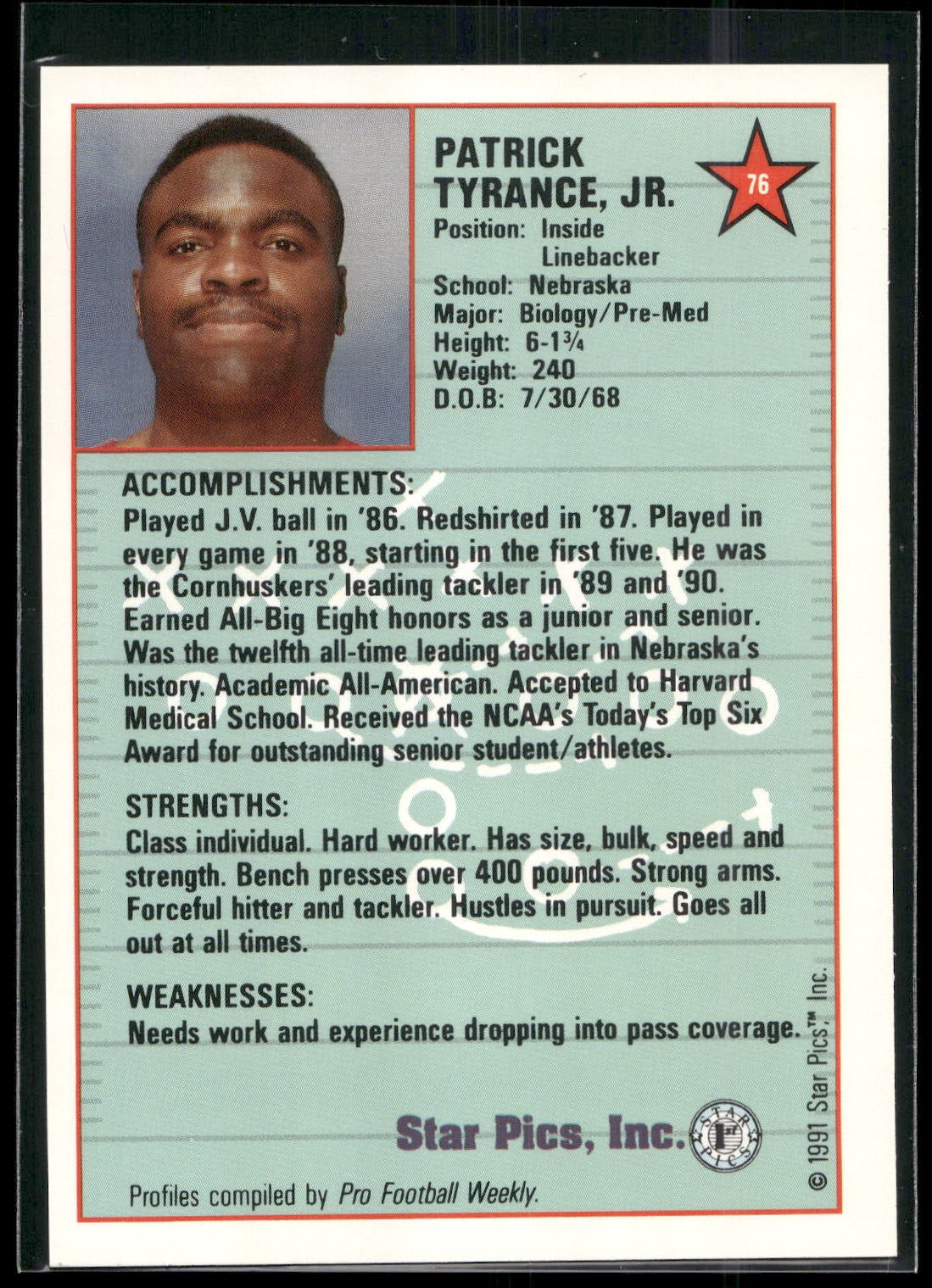 1991 Star Pics #76 Patrick Tyrance
