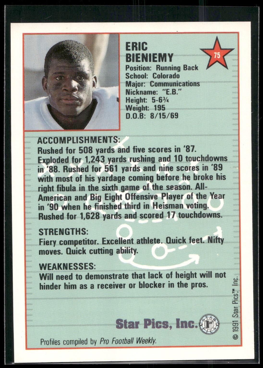 1991 Star Pics #75 Eric Bieniemy