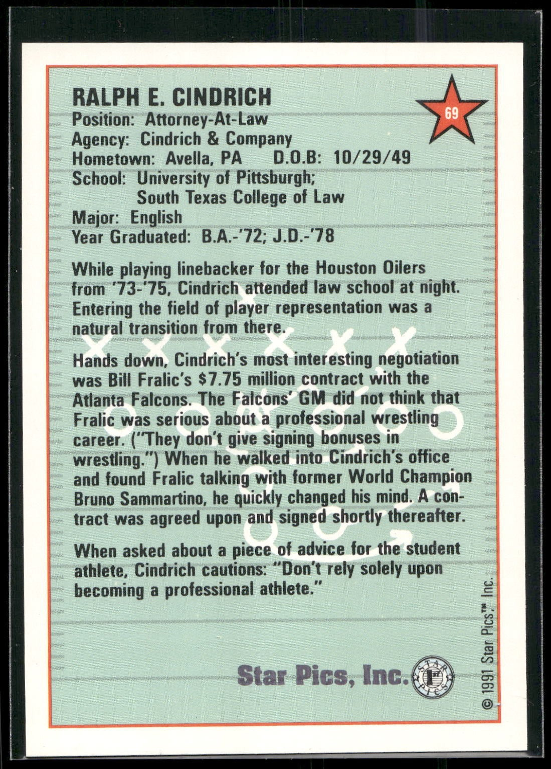 1991 Star Pics #69 Ralph Cindrich