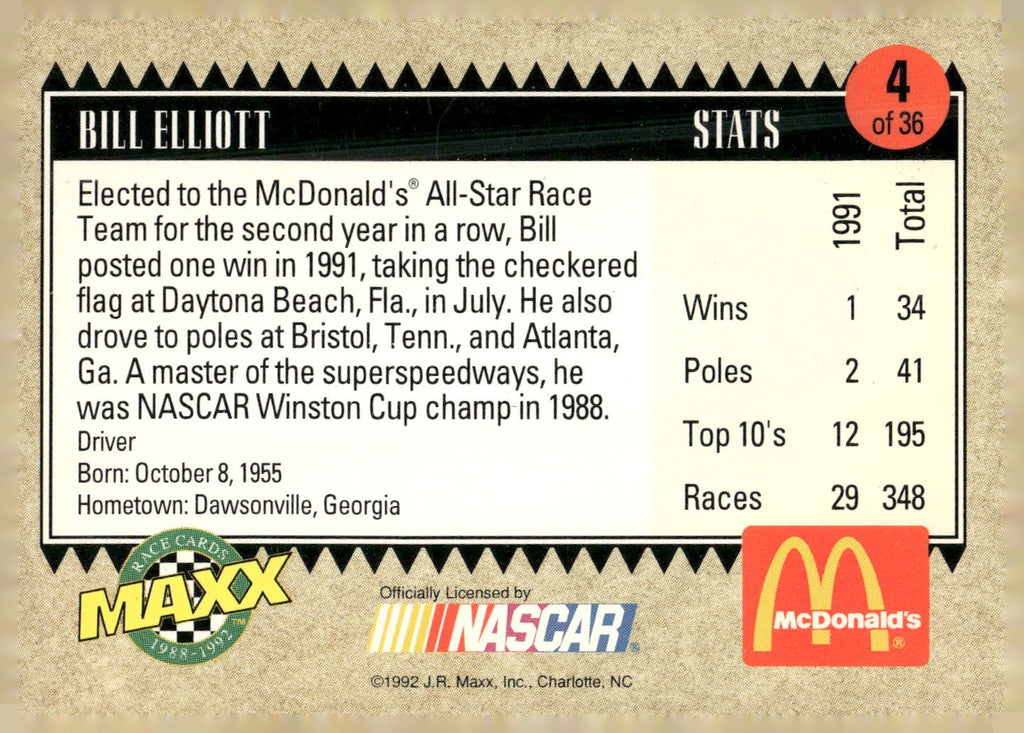 1992 Maxx McDonald's All-Star Race Team #4 Bill Elliott