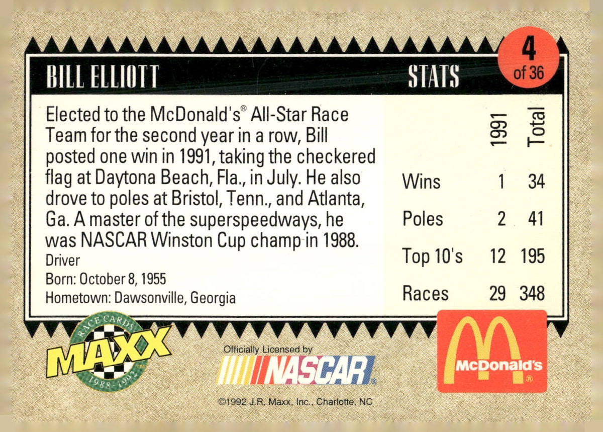 1992 Maxx McDonald's All-Star Race Team #4 Bill Elliott
