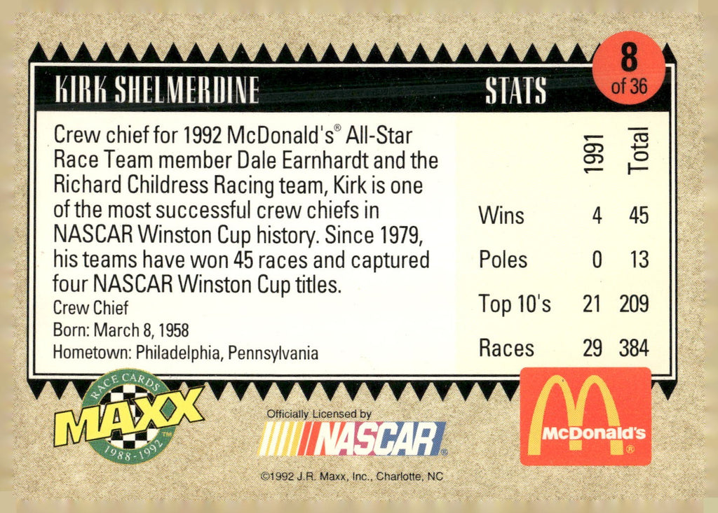 1992 Maxx McDonald's All-Star Race Team #8 Kirk Shelmerdine