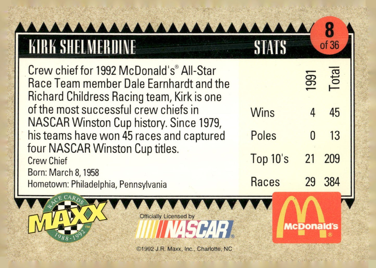 1992 Maxx McDonald's All-Star Race Team #8 Kirk Shelmerdine