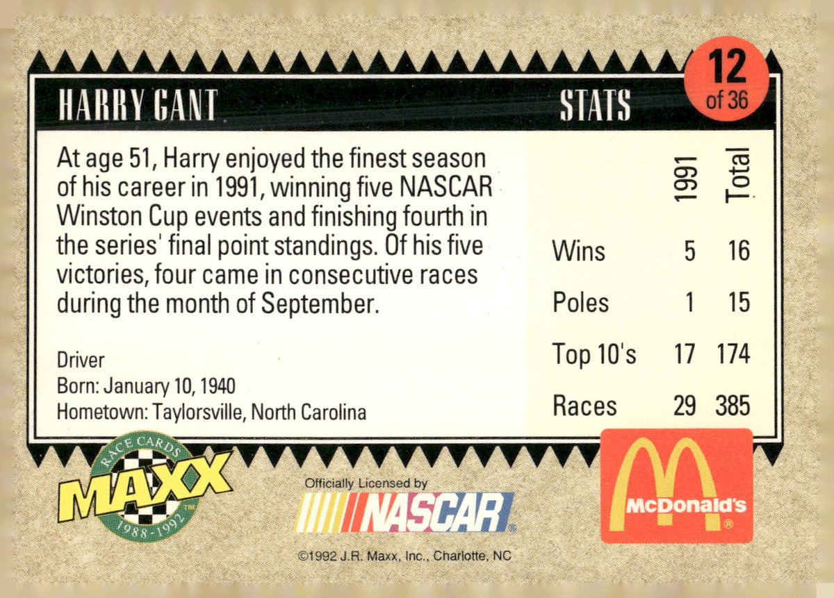 1992 Maxx McDonald's All-Star Race Team #12 Harry Gant
