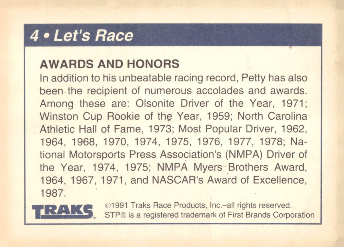 1991 Traks Richard Petty #4 Let's Race (Awards and Honors)