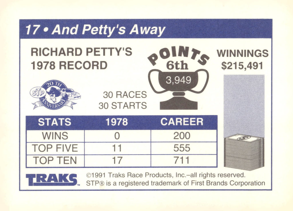 1991 Traks Richard Petty #17 And Petty's Away (Richard Petty's 1978 Record)