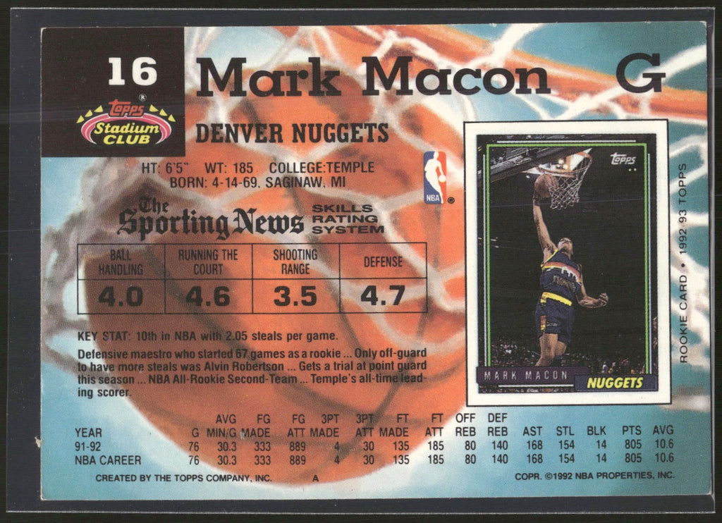 1992-93 Stadium Club #16 Mark Macon
