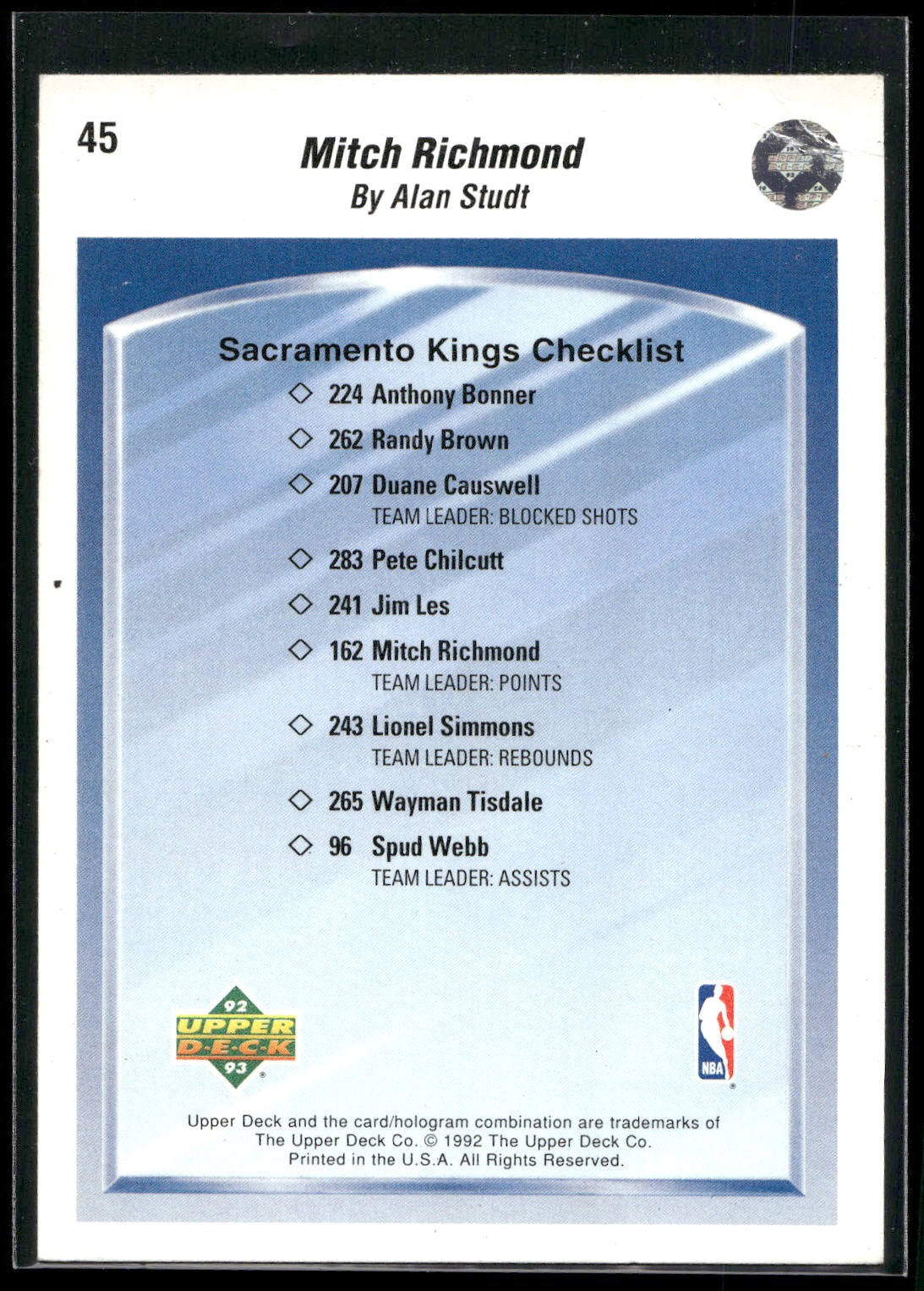 1992-93 Upper Deck #45 Mitch Richmond