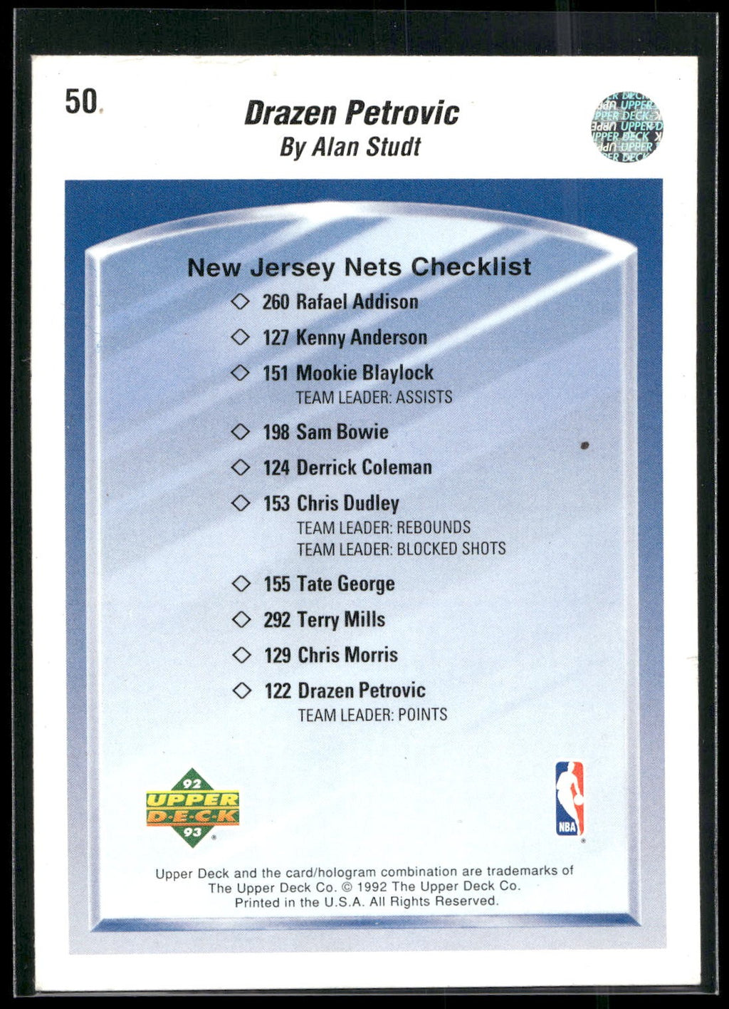 1992-93 Upper Deck #50b Drazen Petrovic
