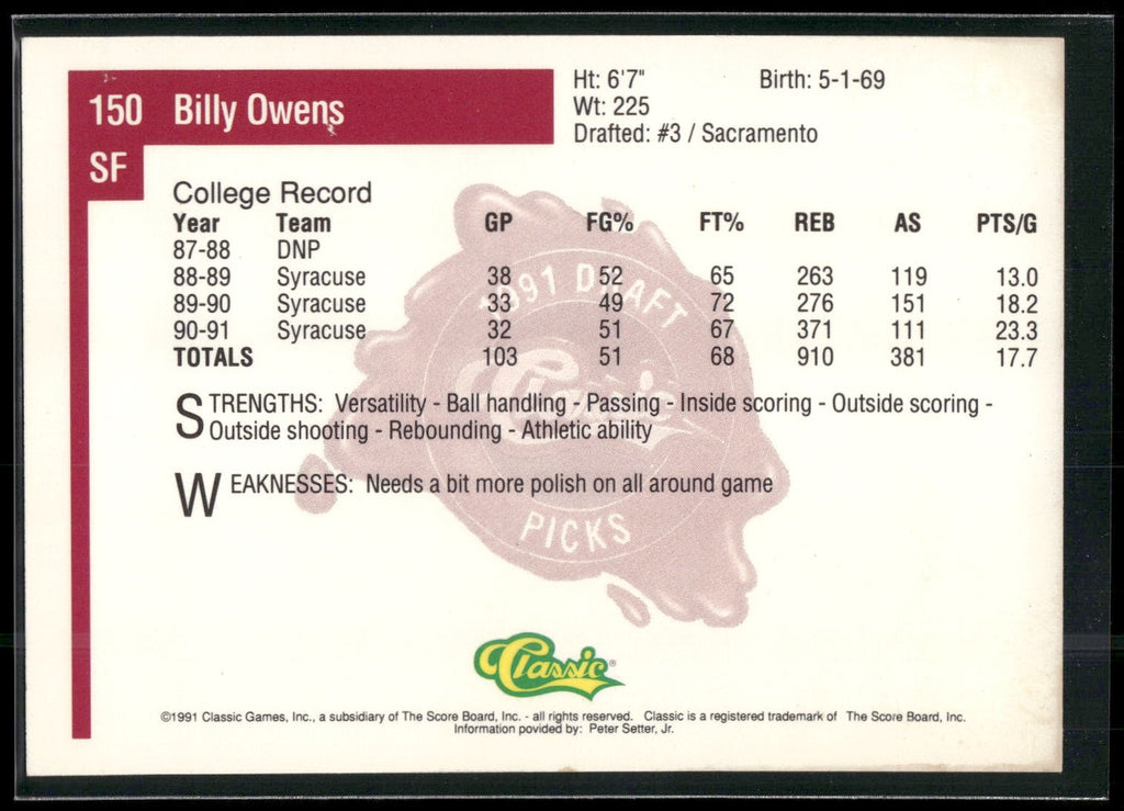1991 Classic Four Sport #150 Billy Owens