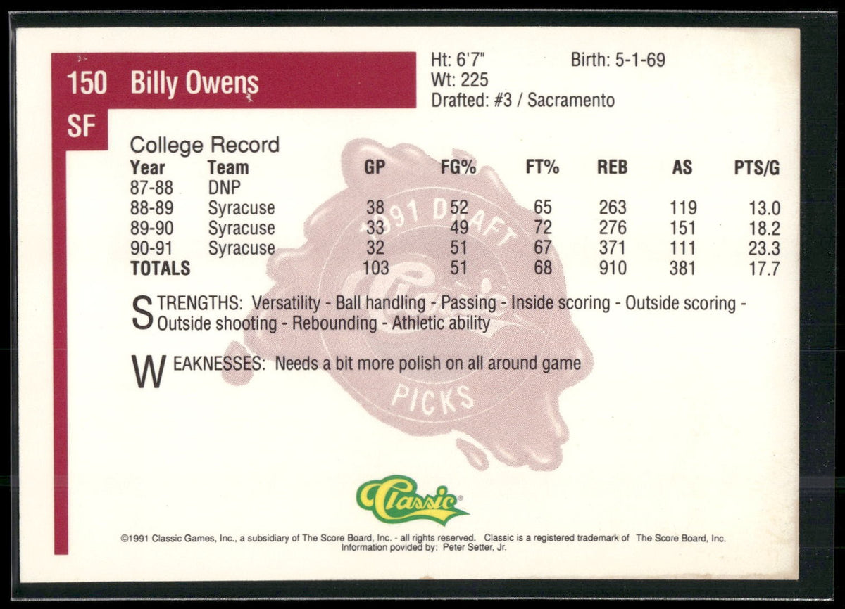 1991 Classic Four Sport #150 Billy Owens