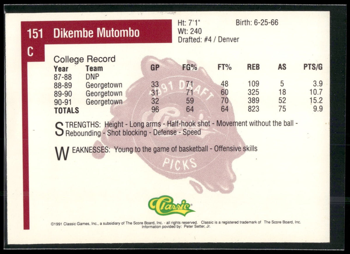 1991 Classic Four Sport #151 Dikembe Mutombo