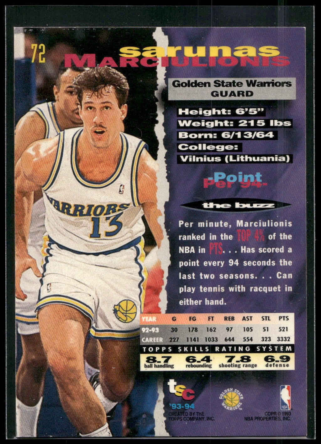 1993-94 Stadium Club #72 Sarunas Marciulionis