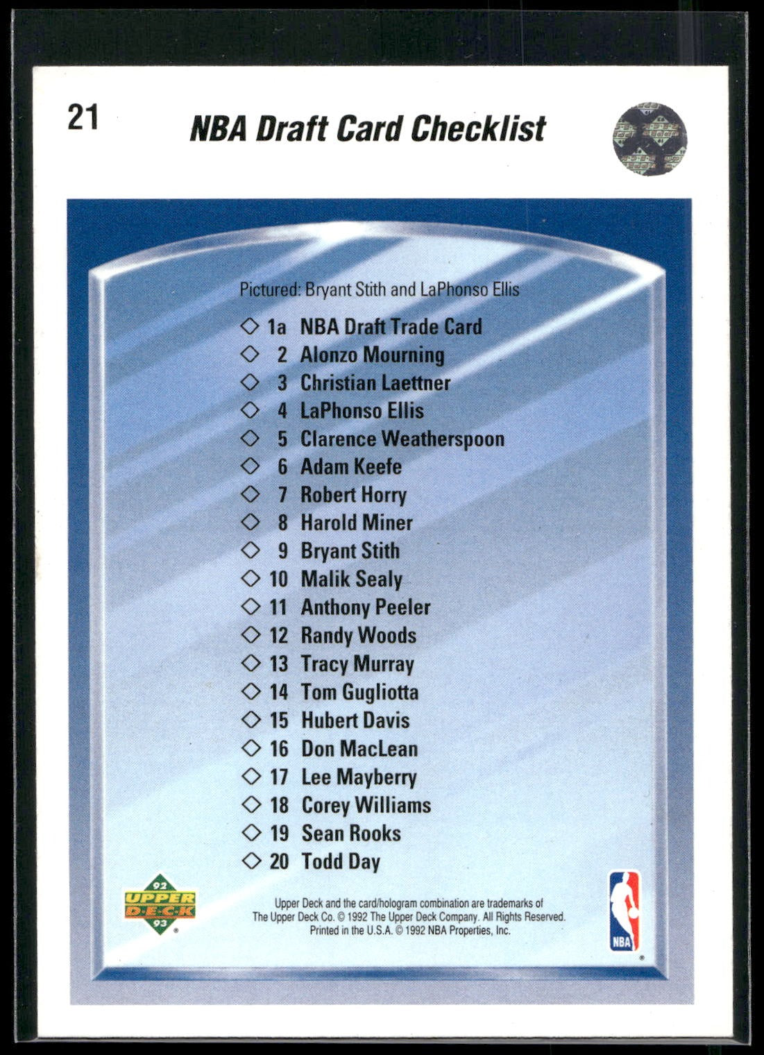 1992-93 Upper Deck #21 NBA Draft Card Checklist (Bryant Stith / LaPhonso Ellis)